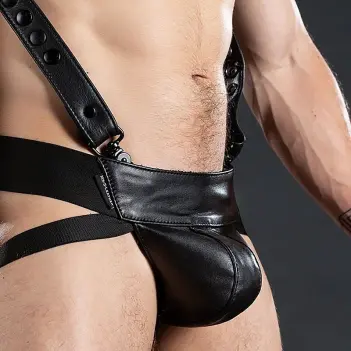 Leder Jockstrap Mr-S-Leather, D-Ringe am Bund für Harness | Dark-Ink