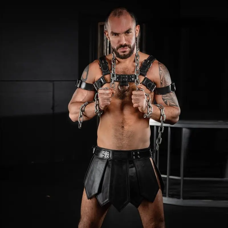 Kilt cuir Gladiator Mr S Leather, taille basse fait main | Dark-Ink