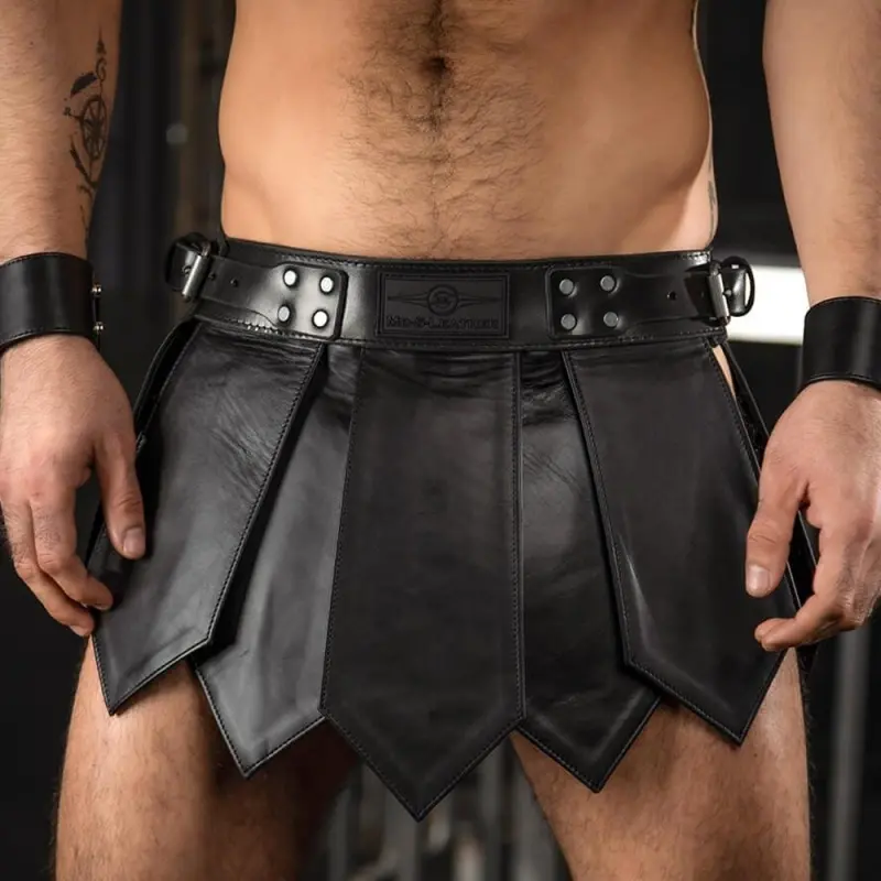 Kilt cuir Gladiator Mr S Leather, taille basse fait main | Dark-Ink