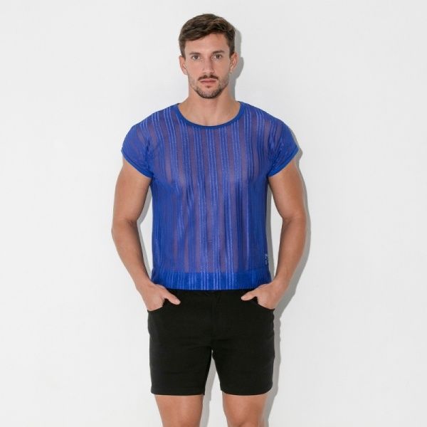 Blue Striped Crop Mesh T-Shirt 37938
