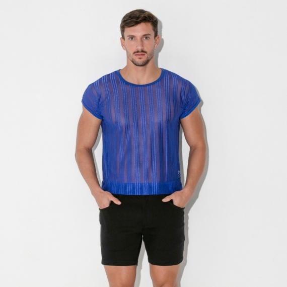 Blaues Gestreiftes Crop Mesh T-Shirt 37938