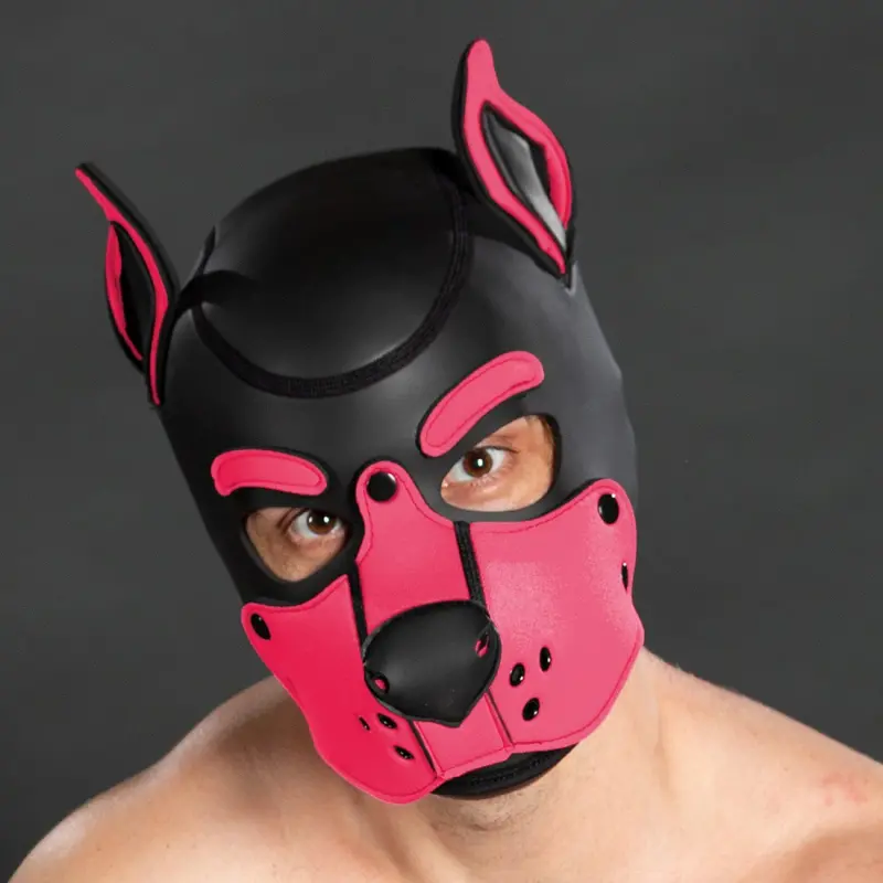 Mr S Leather K9 Hood Pink puppy hood, neoprene snap muzzle | Dark-Ink