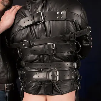 Mr S Leather Deluxe leather straitjacket, D-ring collar | Dark-Ink