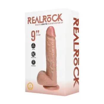 Vibrating Dildo with Balls RealRock 9" Suction Harness Tan | Dark-Ink