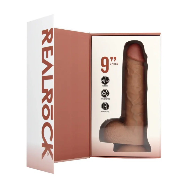 Vibrating regular straight cock with balls - 9" / 23 cm - tan