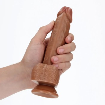 Straight realistic dildo with balls and suction cup flesh