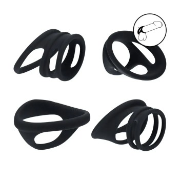 Silicone cock and ball ring set of 4 - black