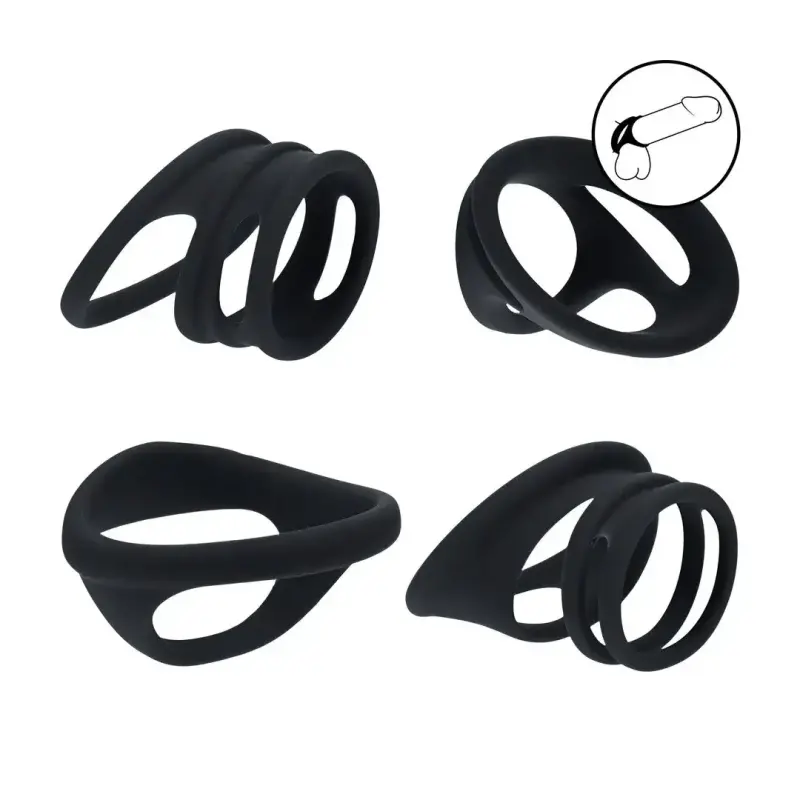 LEVELZ Penisring Set Silikon 4 Formen Cock & Balls schwarz | Dark-Ink
