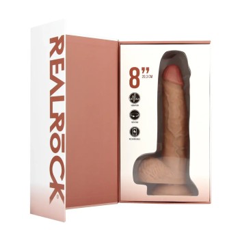 Vibrating and rotating straight cock with balls - 8" / 20,5 cm - tan