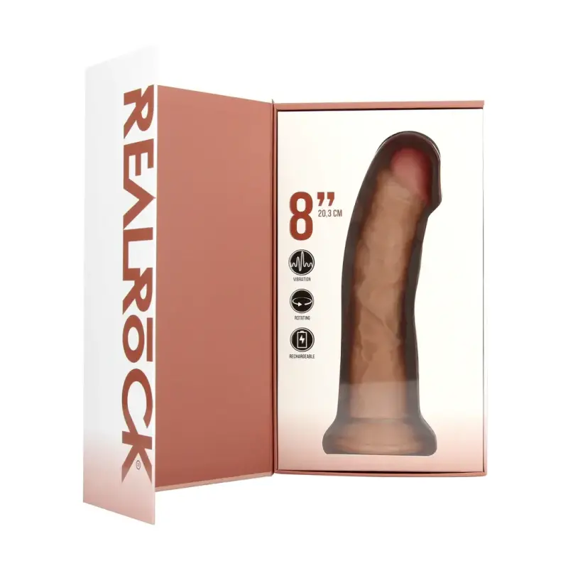 Vibrating Rotating Curved Dildo RealRock 8" No Balls Tan | Dark-Ink