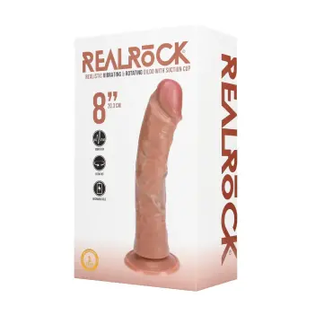 Vibrating Rotating Curved Dildo RealRock 8" No Balls Tan | Dark-Ink