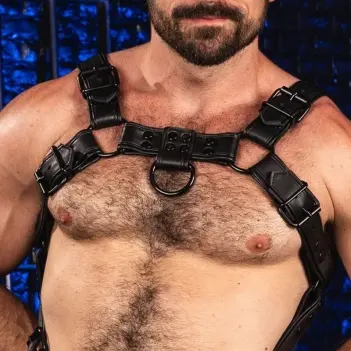 Arnés de cuero Trojan 2.0 Mr S Leather, herrajes negros | Dark-Ink