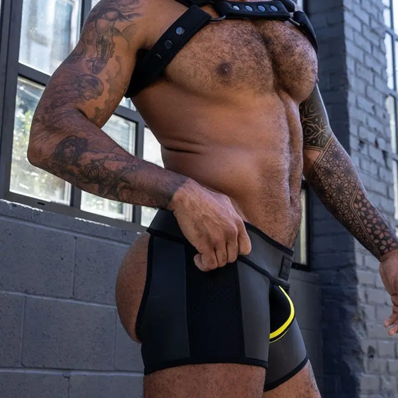 Chap short néoprène Mr S Leather, holster intégré | Dark-Ink