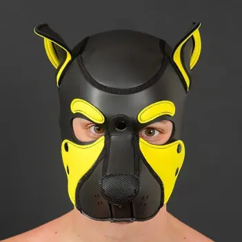 Frisky Yellow Pup Hood Mr S Leather, Ohrlöcher gelb | Dark-Ink