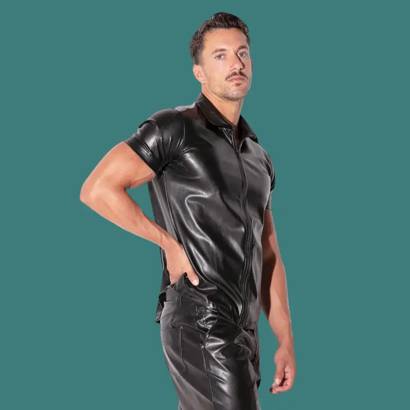 CODE 22 San Francisco Faux Leather Shirt: Full Zip, Collar | Dark-Ink