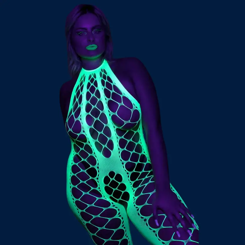 Bodystocking OUCH! halterneck glow in the dark, dos nu | Dark-Ink
