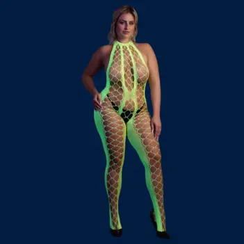 OUCH! Glow in the Dark Bodystocking, Halterneck, Deep Back | Dark-Ink
