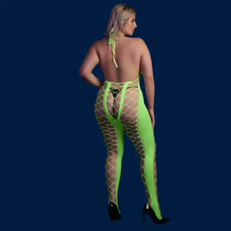 Bodystocking OUCH! halterneck glow in the dark, dos nu | Dark-Ink