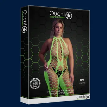 Bodystocking OUCH! halterneck glow in the dark, dos nu | Dark-Ink