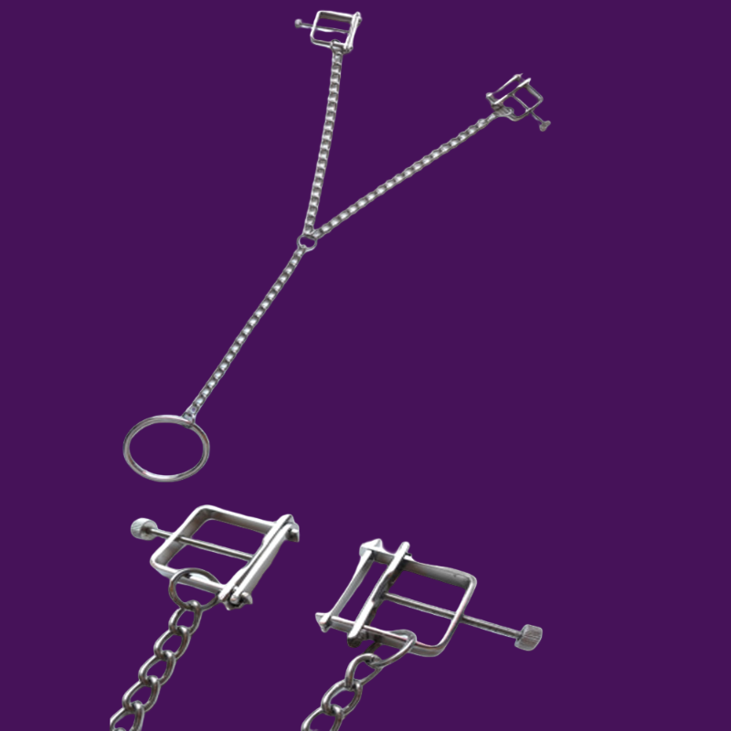 Y-Style Nipple Clamps and 45mm Cock Ring Chain Stainless Steel-Steel