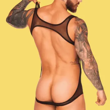 Body GIGO Mediterranean en mesh negro, cinturilla bordada | Dark-Ink