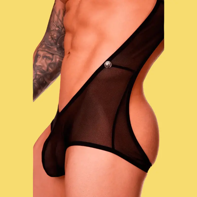 Body GIGO Mediterranean en mesh negro, cinturilla bordada | Dark-Ink