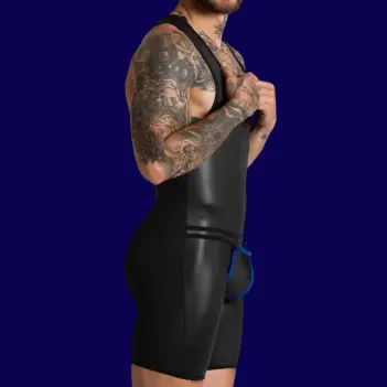 Body GIGO F Fetish Blue, polipiel y mesh, acentos azules | Dark-Ink
