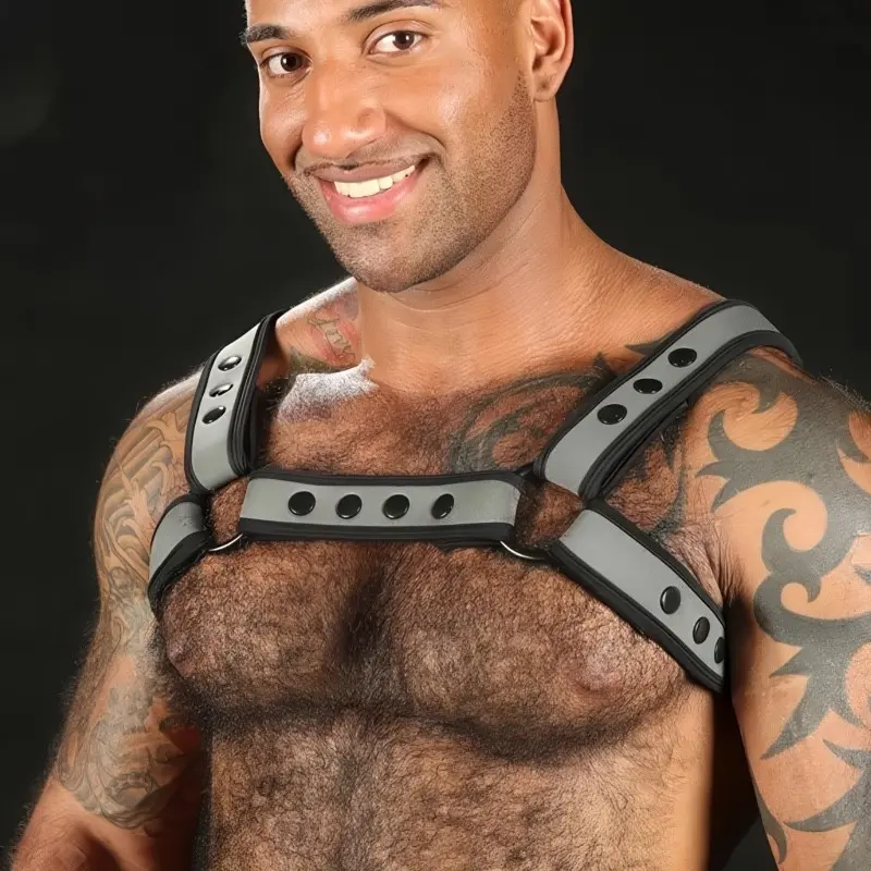 Neopren Harness Bulldog Grey Mr S Leather, matt 3,8 cm | Dark-Ink