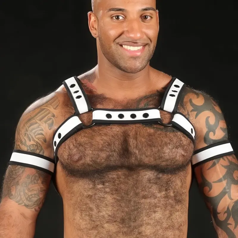 White Neoprene Bulldog Harness Mr S Leather, black hardware | Dark-Ink