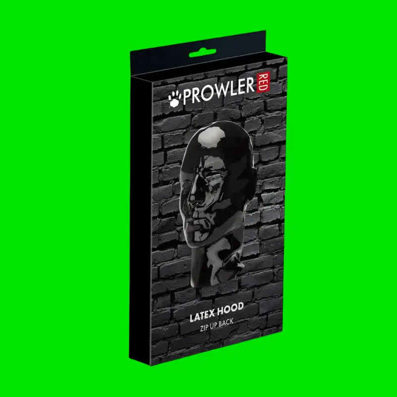Prowler RED latex hood, back zip, open eyes | Dark-Ink