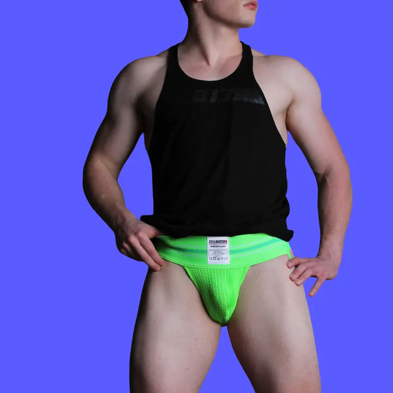 Jockstrap CB13 Tight End 3" Lime, cintura rayada mid-rise | Dark-Ink