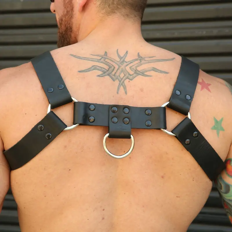 Mr S Leather Back Alley Bulldog leather harness, snap back | Dark-Ink