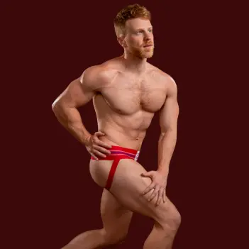 Jockstrap CB13 Tight End 3" Rouge, ceinture rayée mi-haute | Dark-Ink