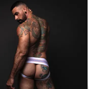 Jockstrap CB13 Tight End 3" Blanco, cintura rayada mid-rise | Dark-Ink