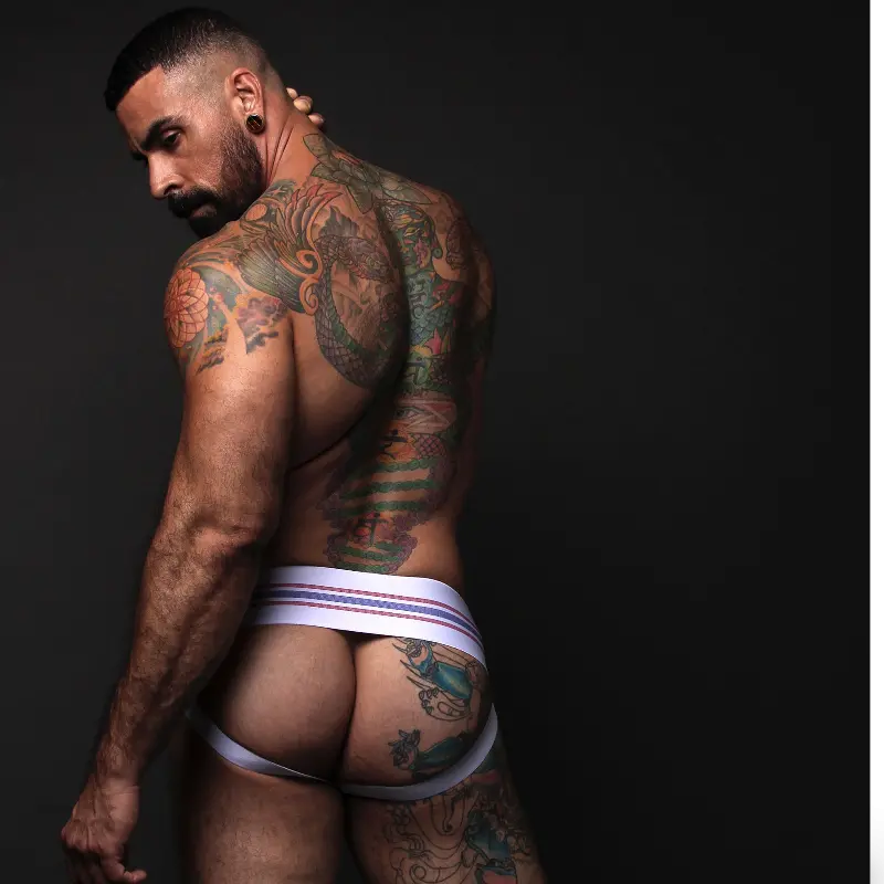 Jockstrap CB13 Tight End 3" Blanc, ceinture rayée mi-haute | Dark-Ink
