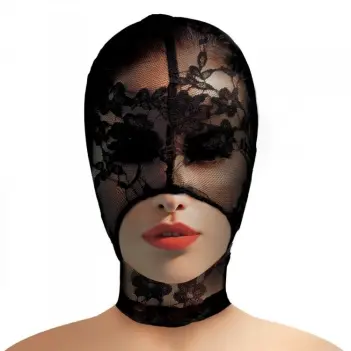 Master Series Lace Seduction Bondage Hood, see-through lace | Dark-Ink