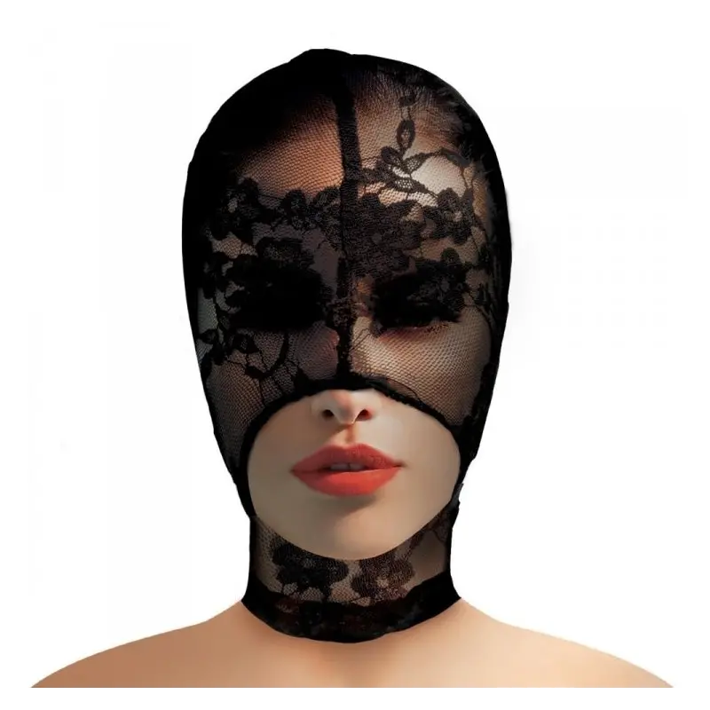 Master Series Lace Seduction Bondage Hood, see-through lace | Dark-Ink