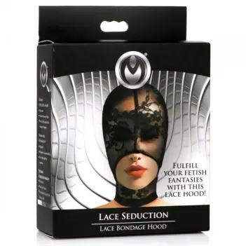 Master Series Lace Seduction Bondage Hood, see-through lace | Dark-Ink