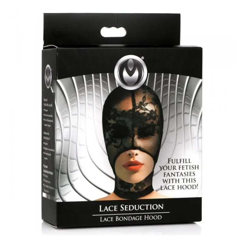 Master Series Lace Seduction Bondage Hood, see-through lace | Dark-Ink
