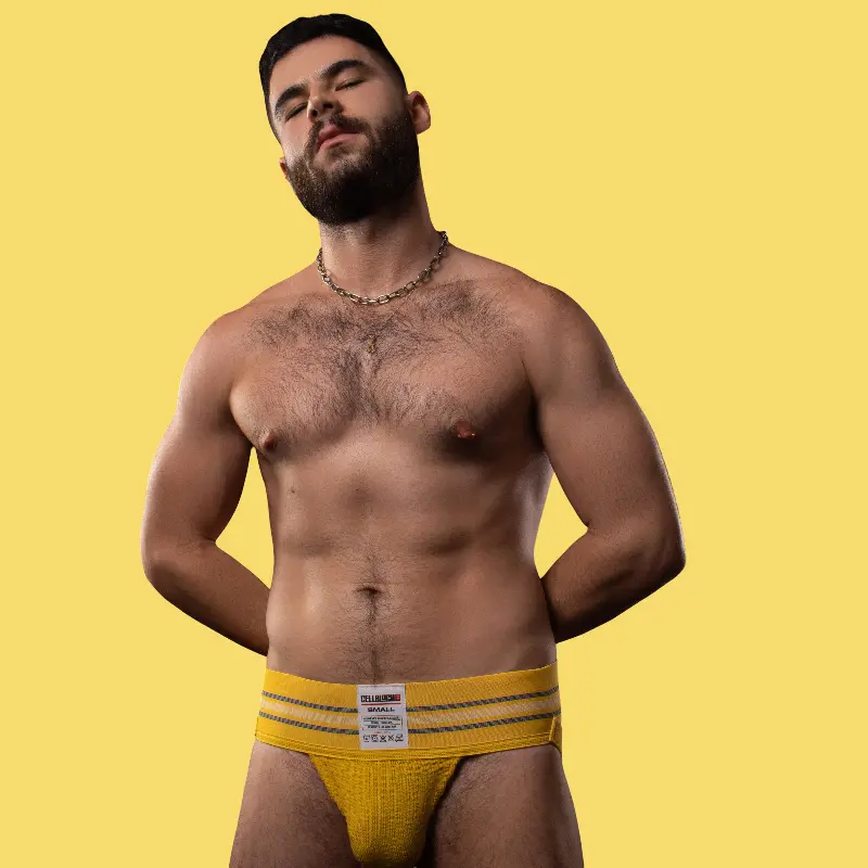 CB13 Tight End 3" Jockstrap Yellow, center-seam pouch | Dark-Ink