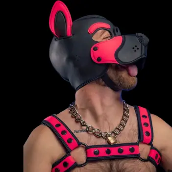 Pink Neoprene Puppy Hood Mr S Leather, removable muzzle | Dark-Ink