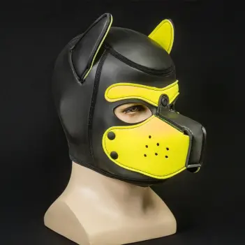 Neopren Puppy Hood Mr S Leather, Gelb, abnehmbare Schnauze | Dark-Ink