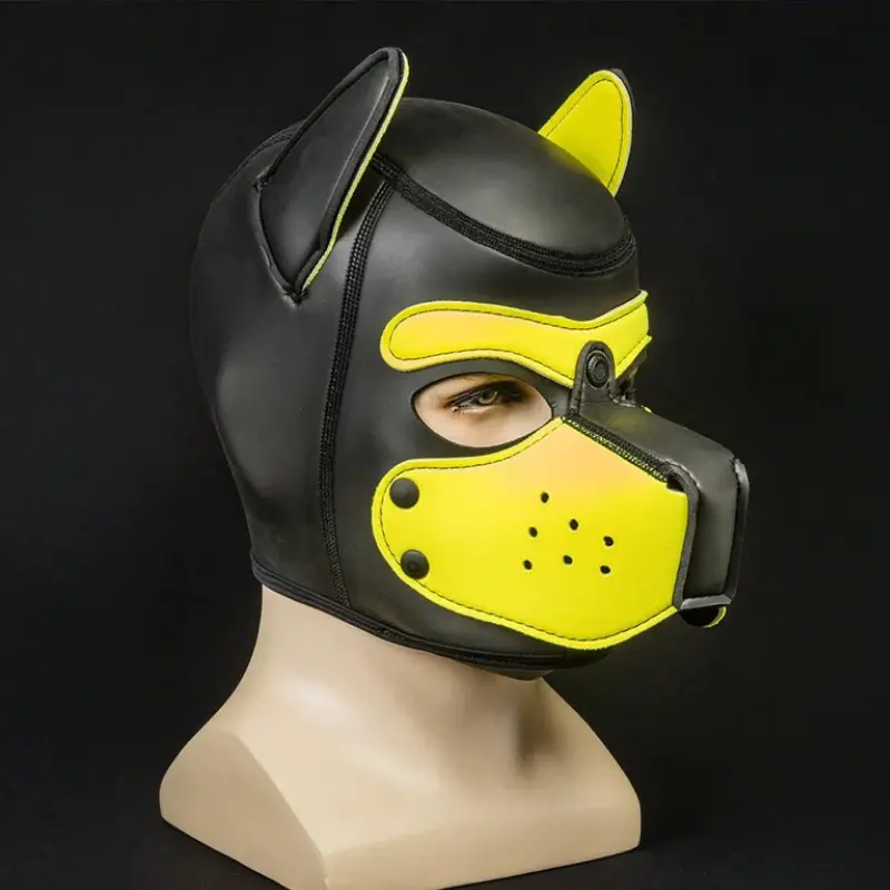 Neopren Puppy Hood Mr S Leather, Gelb, abnehmbare Schnauze | Dark-Ink
