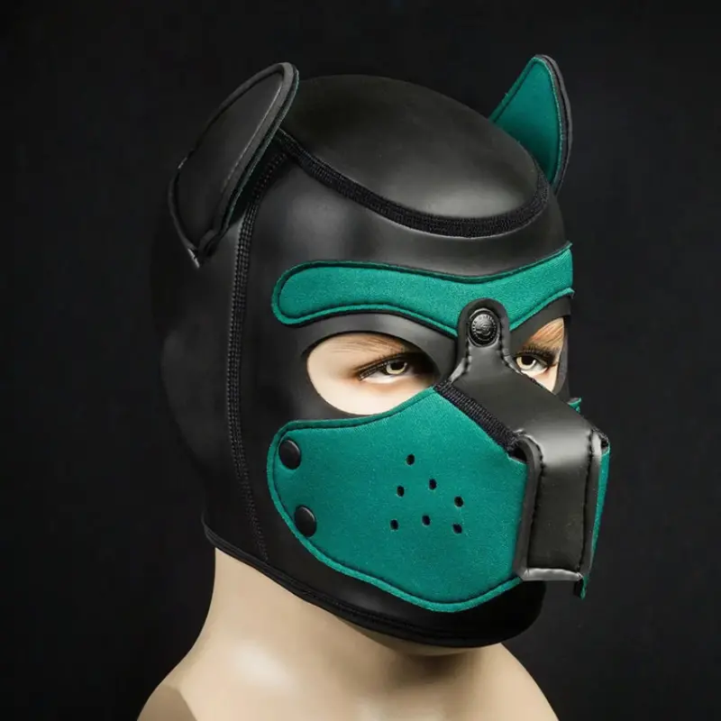 Hunter Green Neoprene Puppy Hood Mr S Leather, snap muzzle | Dark-Ink