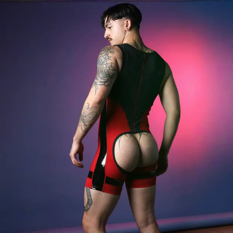 Singlet chaps Dark Pup CB13 Red, mesh rouge spandex noir | Dark-Ink