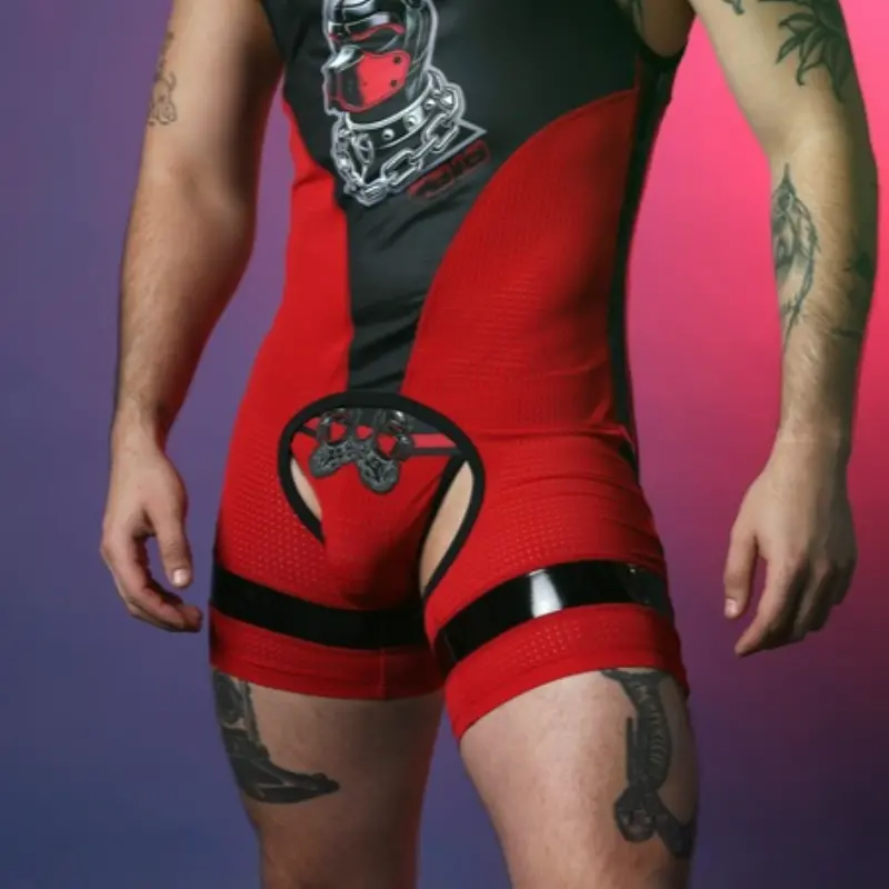 Singlet chaps Dark Pup CB13 Red, mesh rouge spandex noir | Dark-Ink
