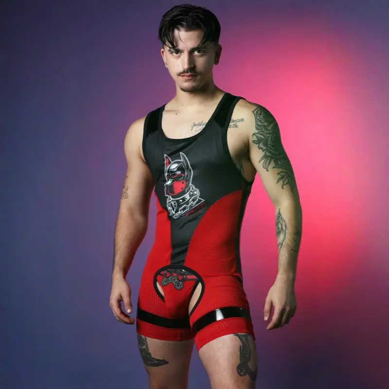 Singlet chaps Dark Pup CB13 Red, mesh rouge spandex noir | Dark-Ink