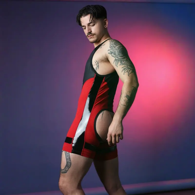 Singlet chaps Dark Pup CB13 Red, mesh rouge spandex noir | Dark-Ink
