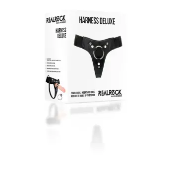Arnés strap-on RealRock Deluxe 2 anillos cuero tallas S-XL | Dark-Ink