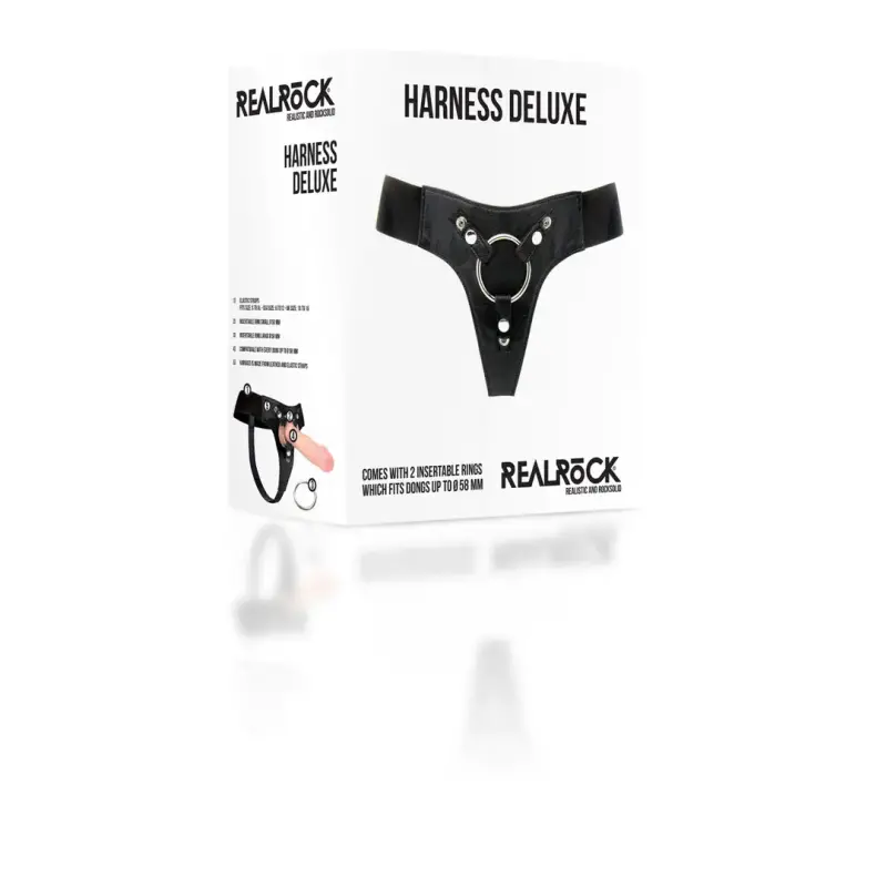 Arnés strap-on RealRock Deluxe 2 anillos cuero tallas S-XL | Dark-Ink